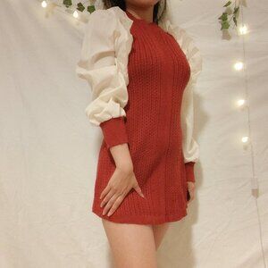 Vintage Princess Red-White Lanttern/Puff Sleeve Dress, Mini Round Neckline- S/M